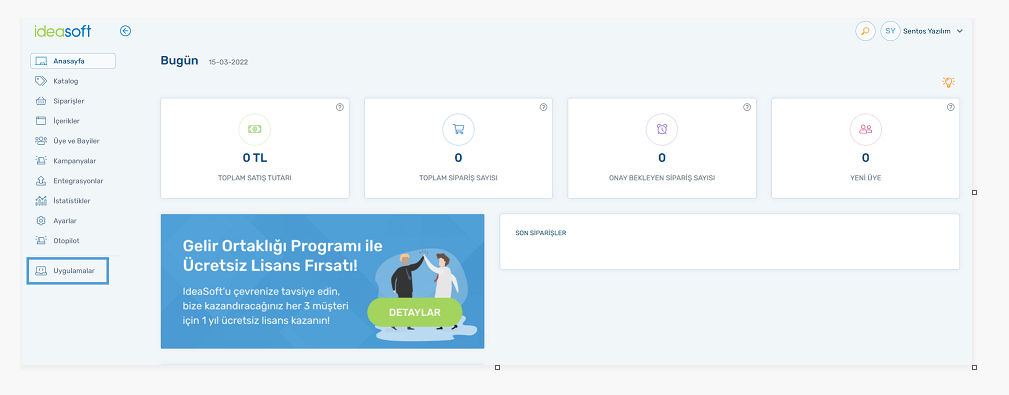ideasoft Paneli Uygulamalar Kısmı