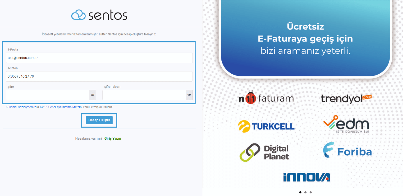 Sentos Hesap Oluştur Ekranı