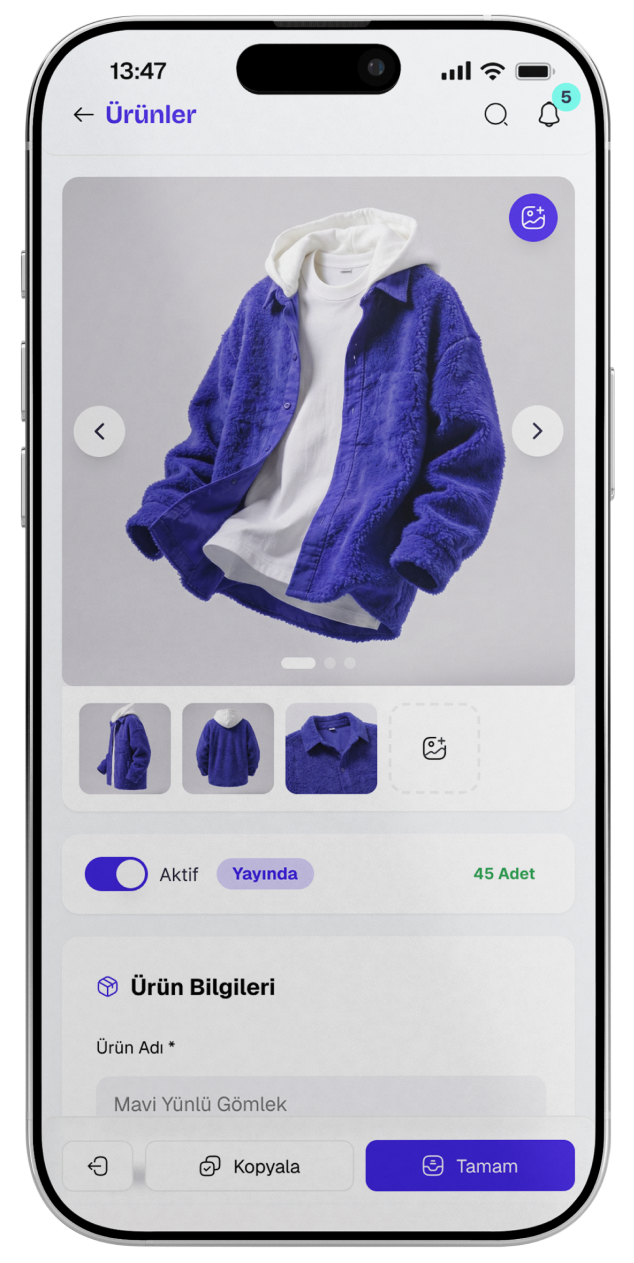 ideasoft Mobil Uygulaması Ürün Yönetimi ekranı